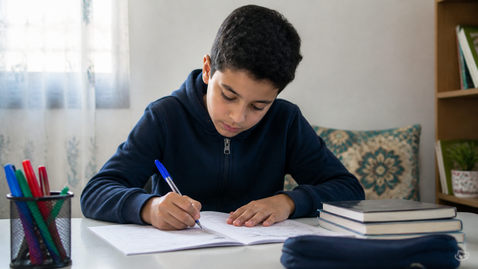امتحانات محلية المستوى السادس ابتدائي PDF مع التصحيح 2 تلميذ يذاكر ويحل نماذج امتحانات على الطاولة استعداداً للاختبار