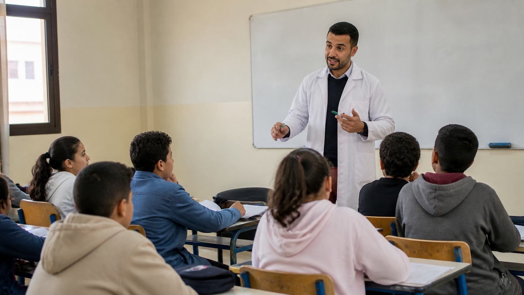 امتحانات محلية المستوى السادس ابتدائي PDF مع التصحيح 4 أستاذ يشرح درساً لمجموعة من التلاميذ في الفصل