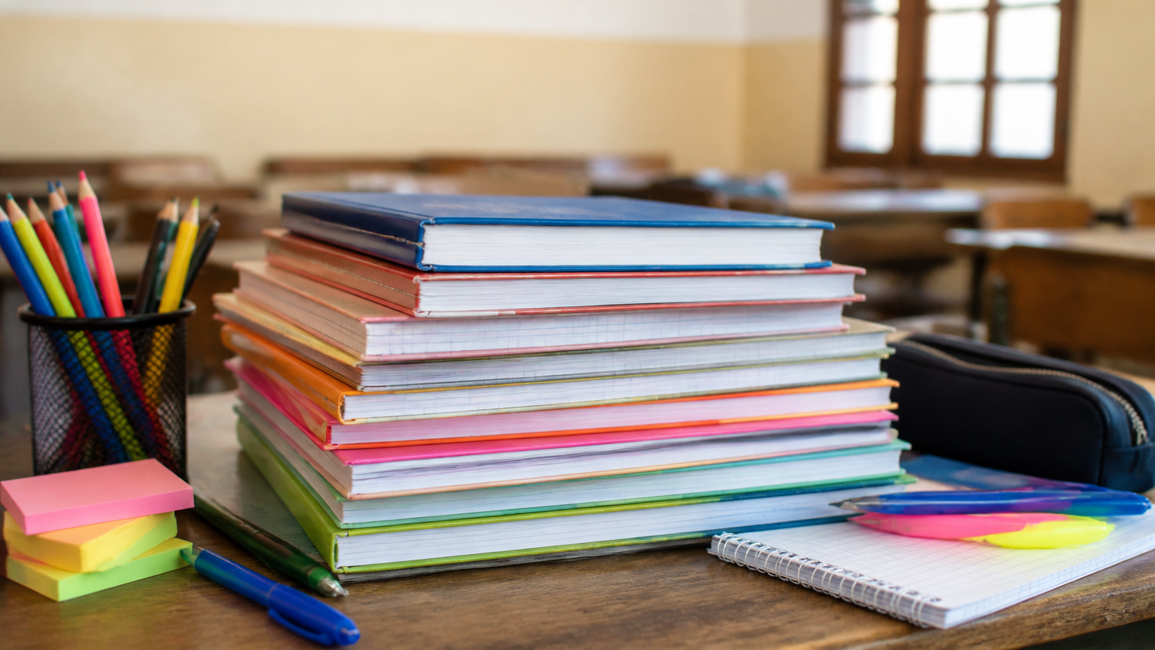 امتحانات محلية المستوى السادس ابتدائي PDF مع التصحيح 5 كتب ودفاتر مدرسية مرتبة تمثل مواد دراسية متنوعة