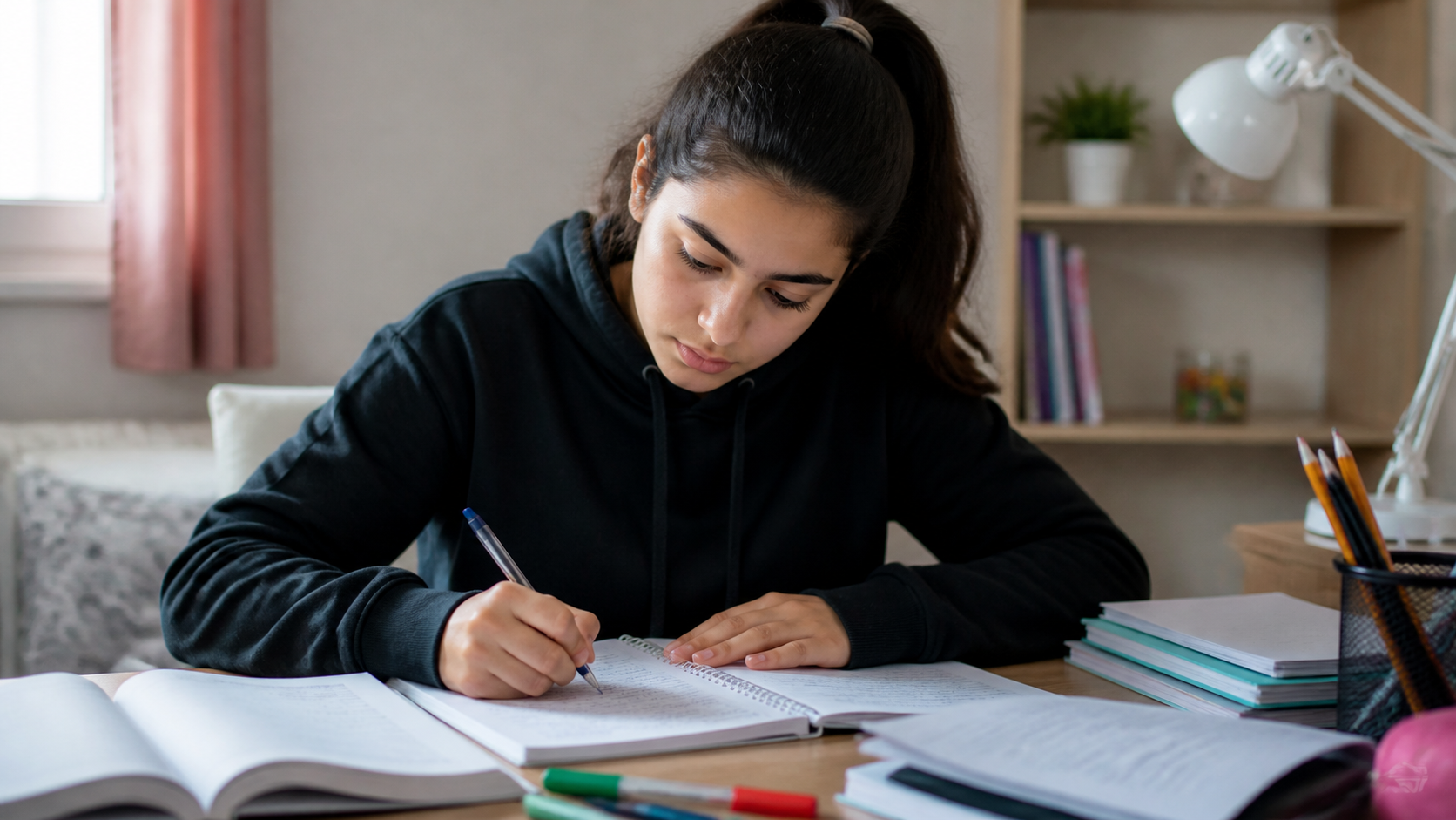 امتحانات محلية المستوى السادس ابتدائي PDF مع التصحيح 6 تلميذة تراجع دروسها وتكتب ملاحظات بتركيز